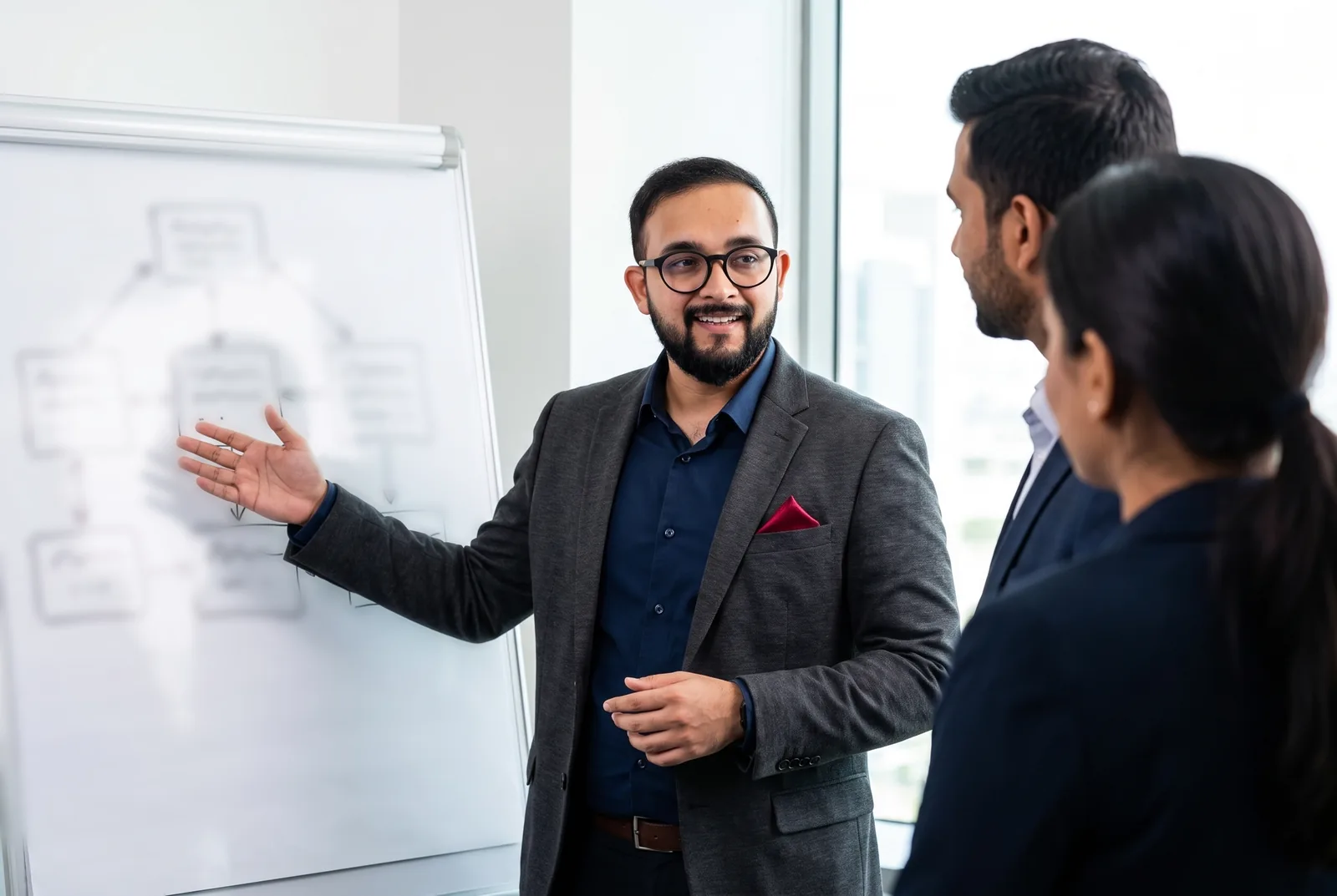 Sajal Dubey pointing to a whiteboard while explaining an AI workflow